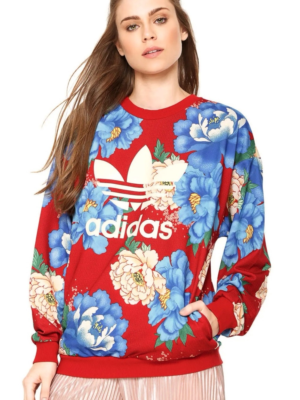 adidas Farm Red Sweatshirt with Blue and Cream Floral Print
